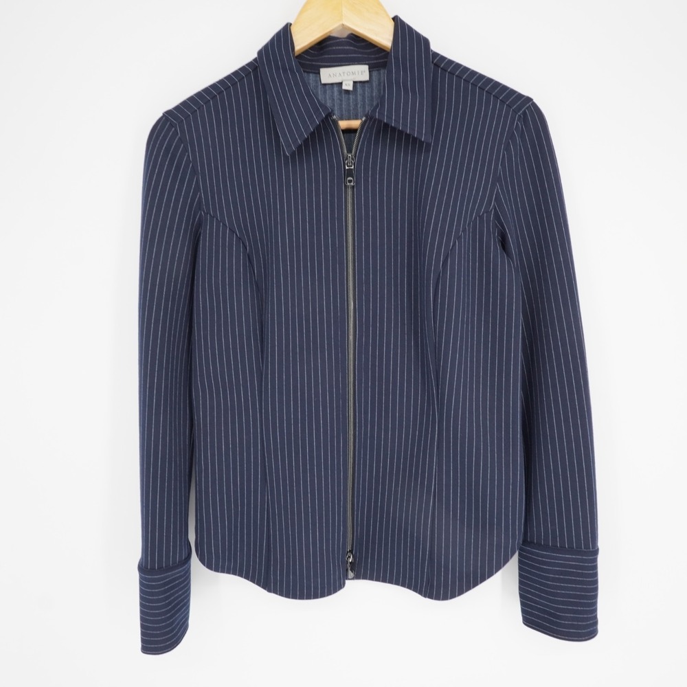 Anatomie Pinstripe Full Zip Shirt Jacket Womens XS Blue Travel Luxury Classic